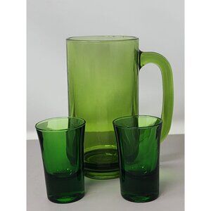 Vintage Emerald Green Glass Beer Mug & Jagermeister 2 Shot‎ Glasses Set